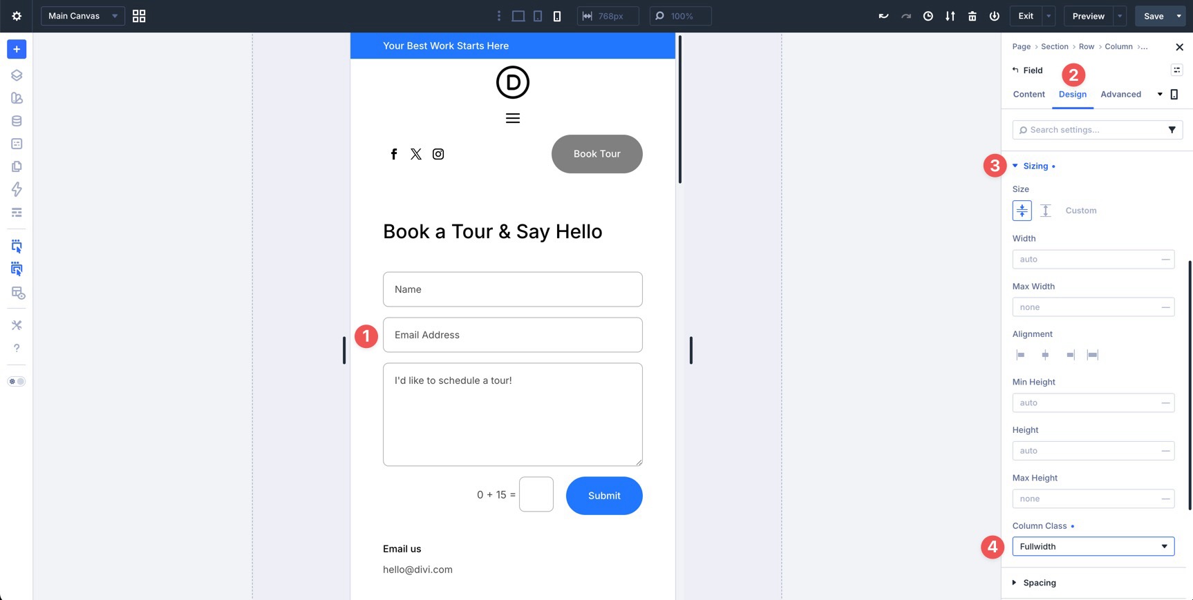 Form field Column Class setting in Divi 5