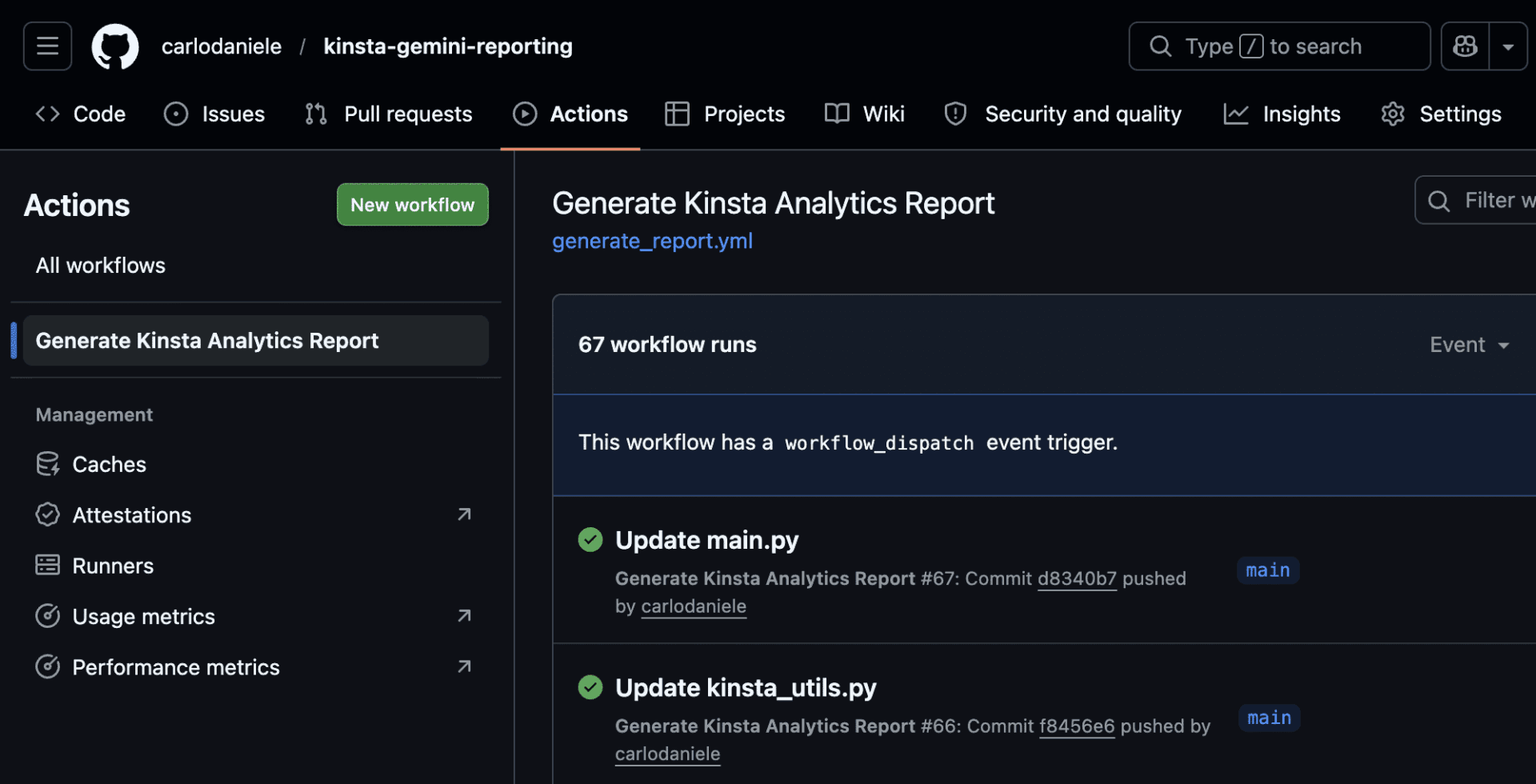 The Actions tab shows a list of workflows.