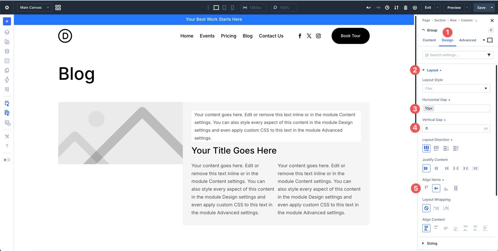 Open Group layout settings in Divi 5