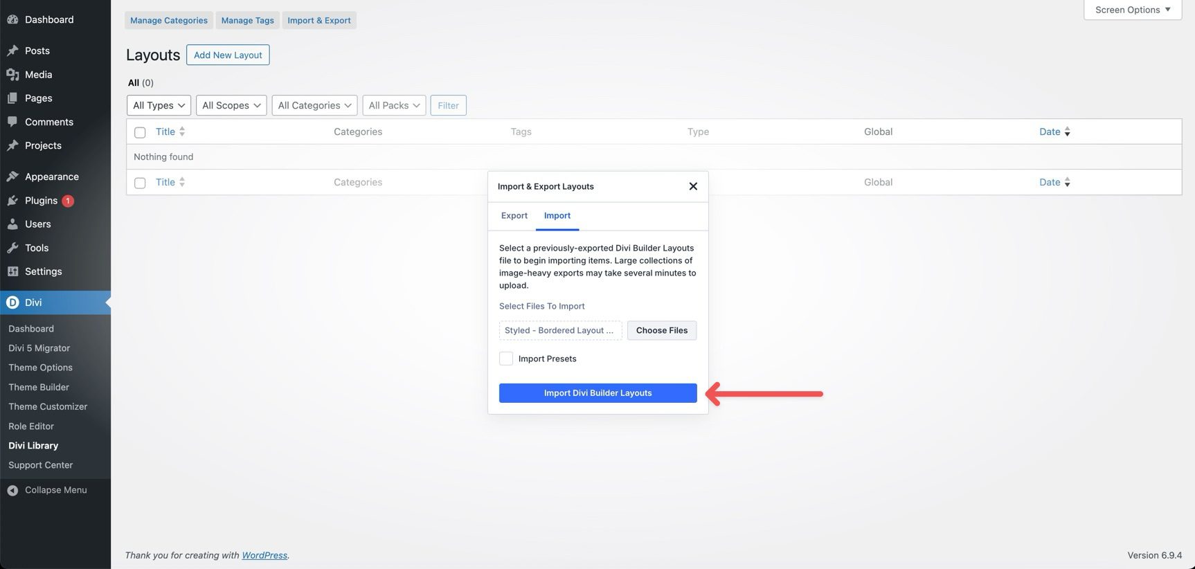 import Divi 5 layouts