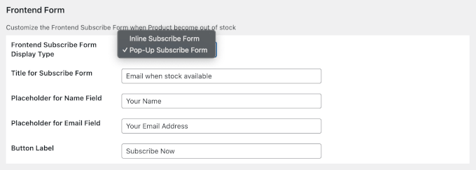 Front end form types in instock notifier