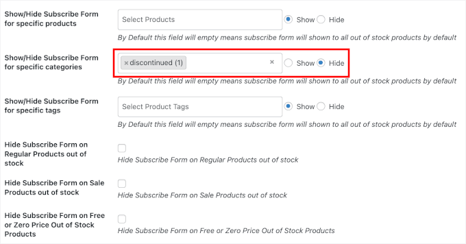 Hiding form from discontinued products
