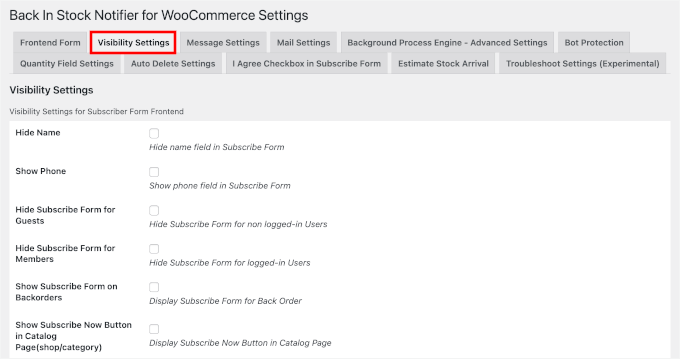 Configuing the instock notifier visibility settings