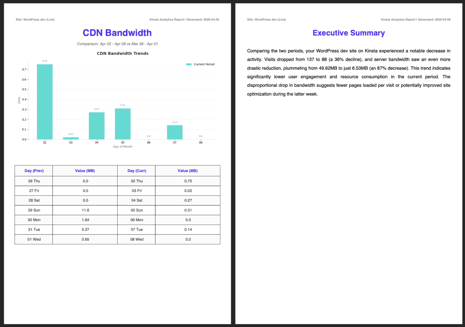 CDN Bandwidth and Executive Summary report pages.