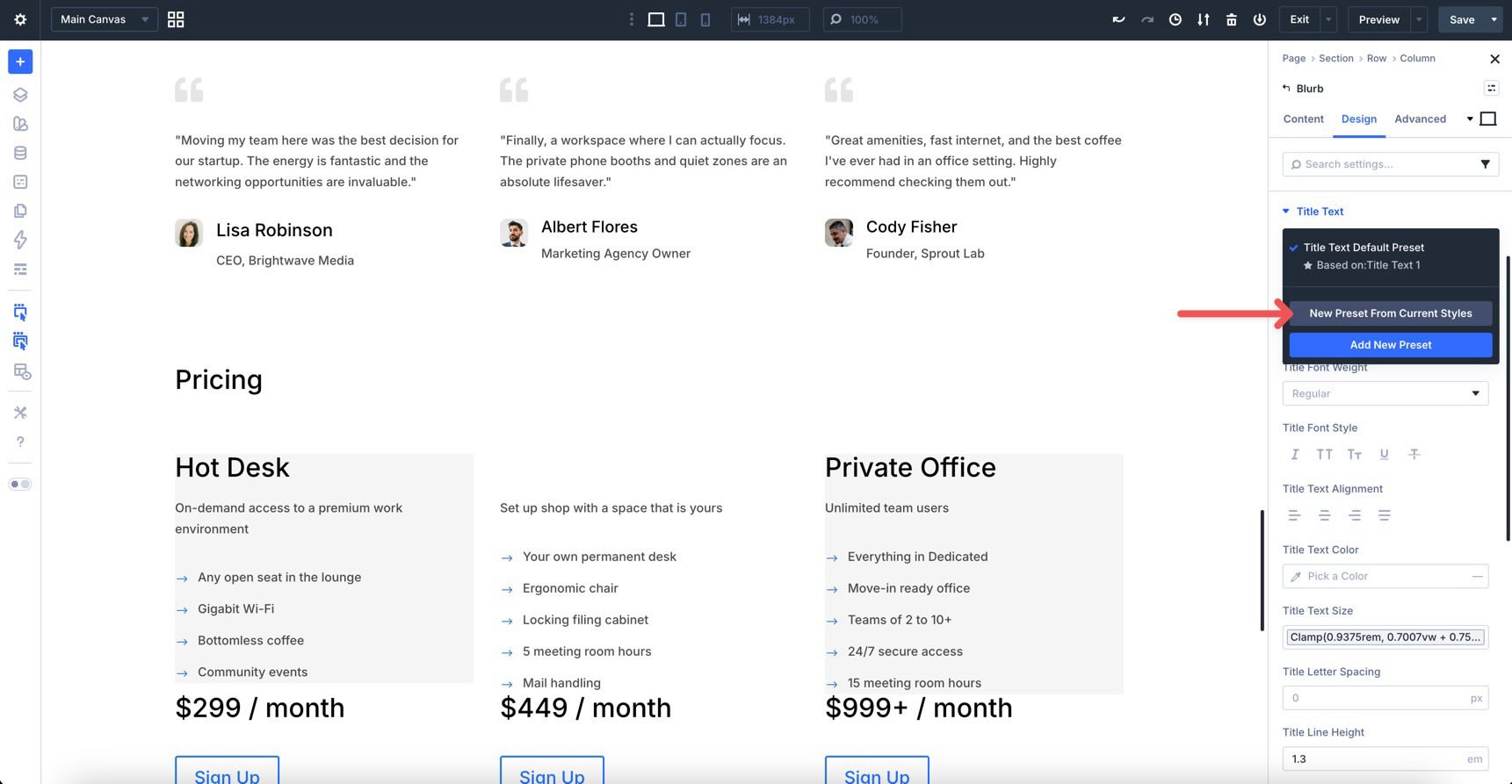 New Preset From Current Styles option in Divi 5