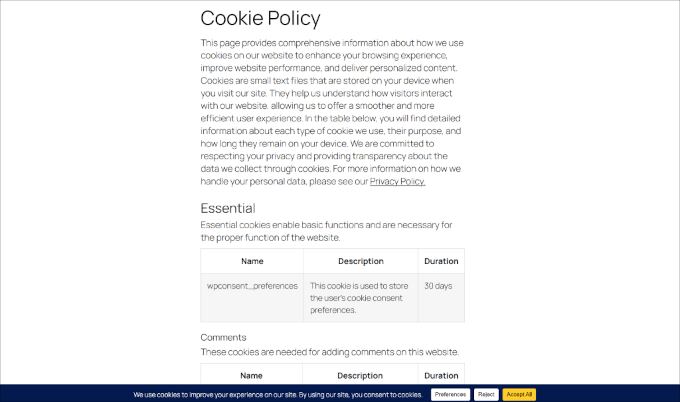 Pre-styled cookie policy pages in WPConsent