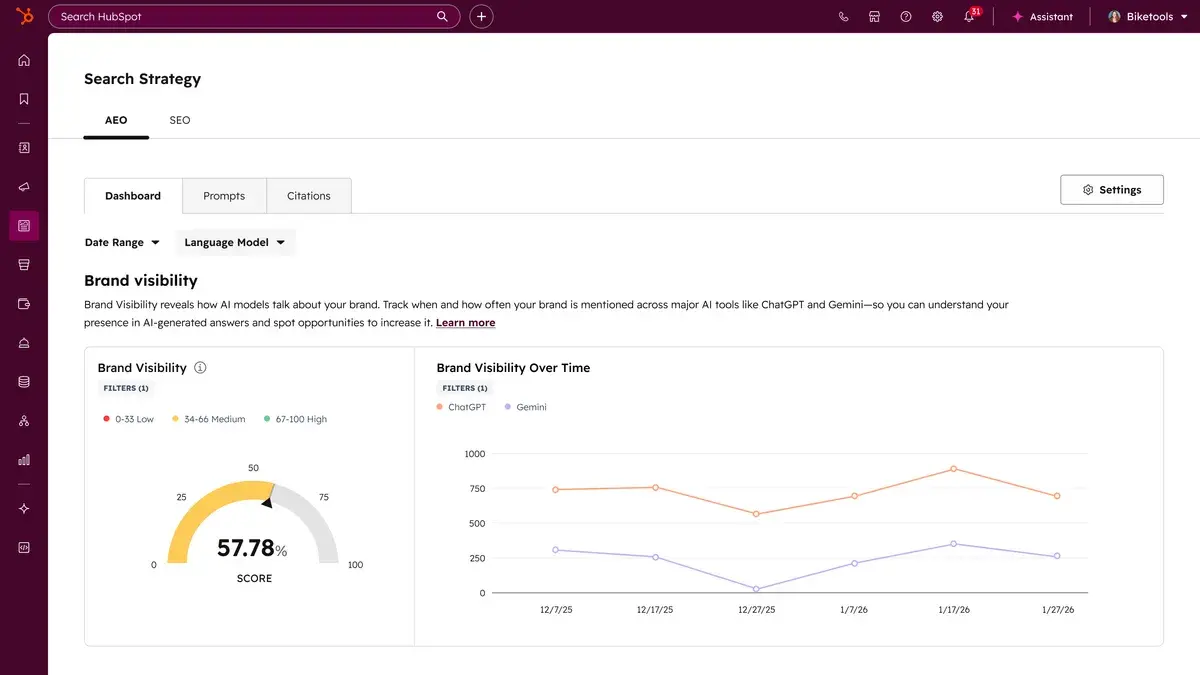 a screenshot of hubspot’s AEO product, showcasing how to track answer engine optimization (AEO) and search engine optimization (AEO) simultaneously
