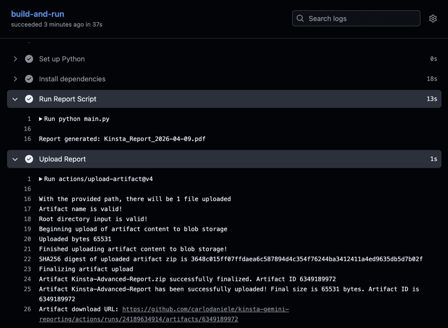 Run Report Script and Upload Report actions.