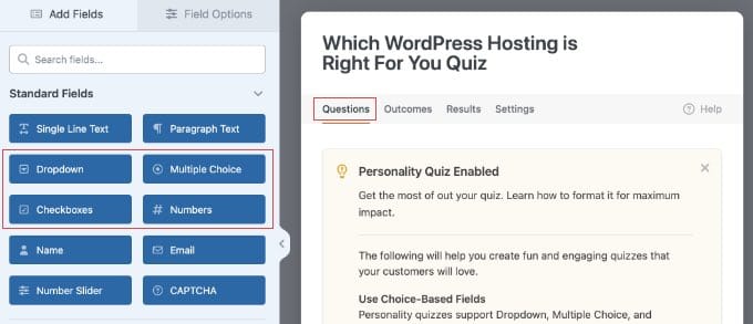 Using the Questions Tab in WPForms to Add Quiz Fields