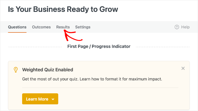 Click the WPForms Quiz Results Tab