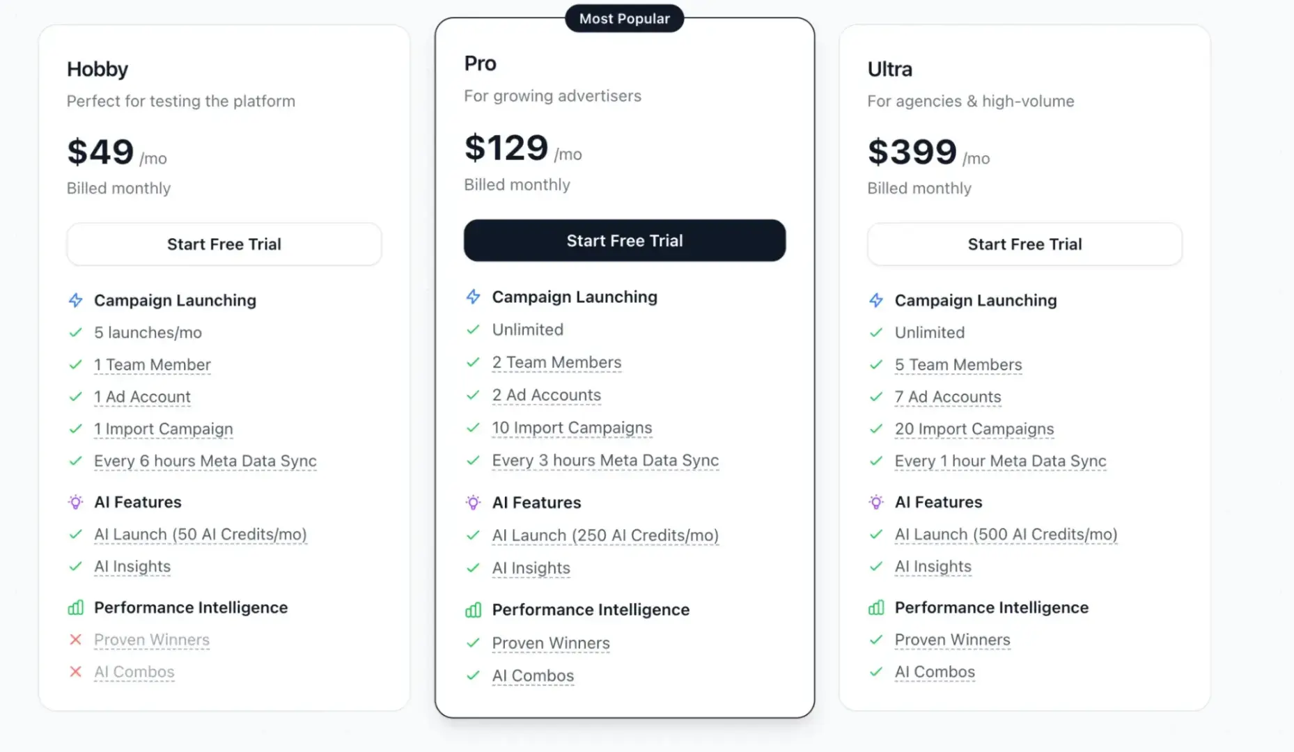 pricing tiers for adstellarai hobby, pro, and ultra