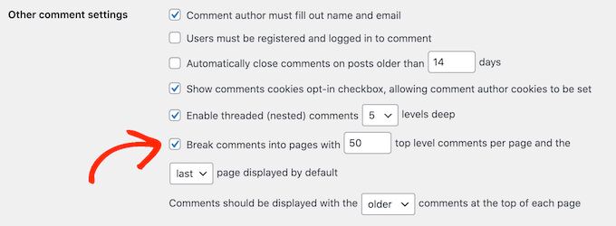 The Break comments into pages setting in the WordPress Discussion settings