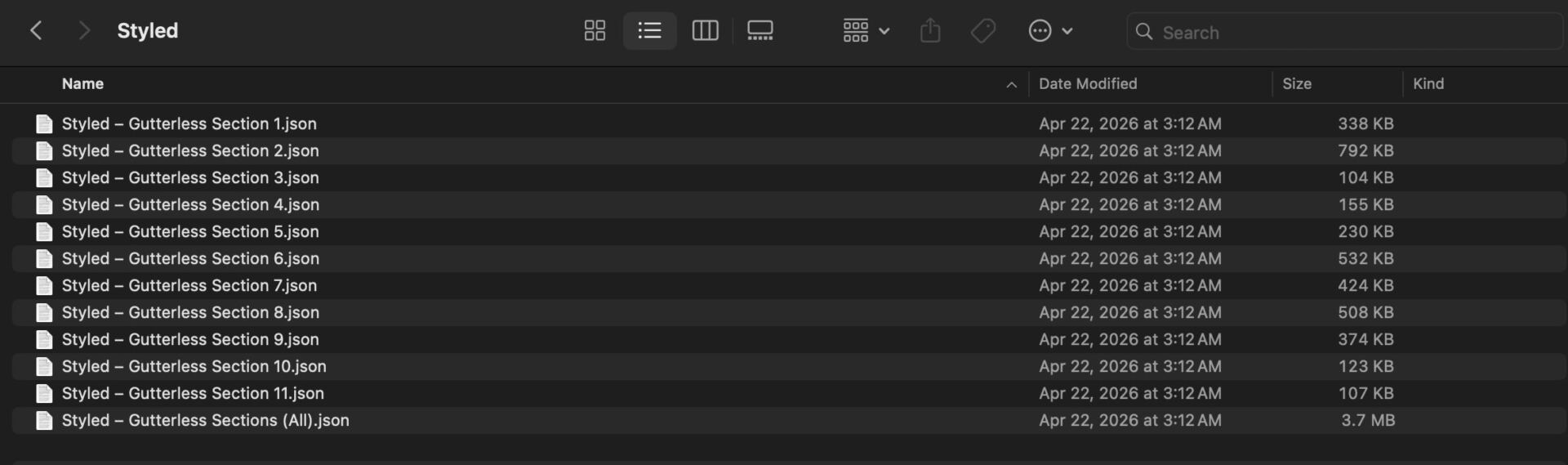 gutterless section JSON files