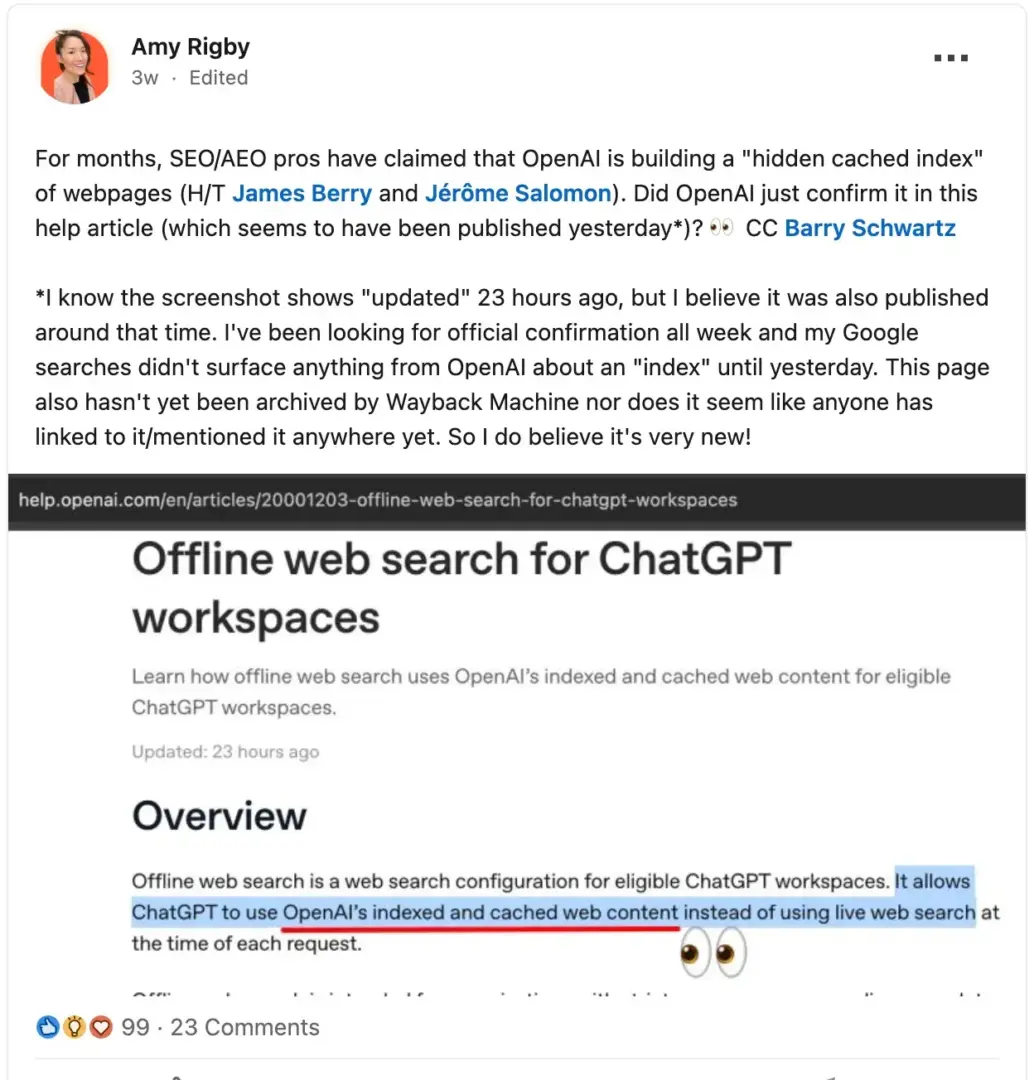 LinkedIn post from Amy Rigby about OpenAI's cached index with screenshot of offline web search for ChatGPT workspaces help article