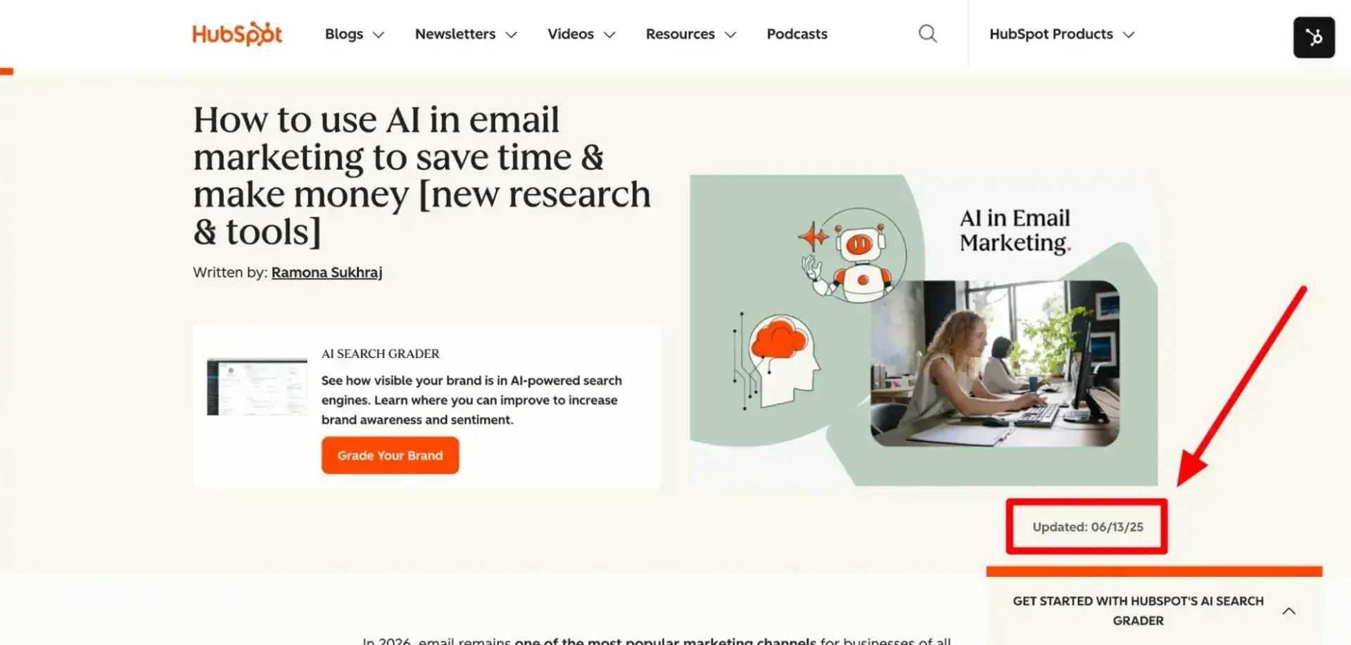 how to rank in ai search results; HubSpot blog article header featuring article title, author name, and promotional content for AI search grader tool