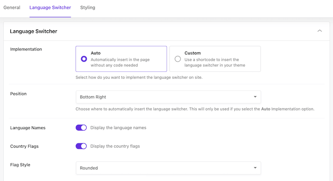 Language Switcher settings in Universally showing auto placement, country flags, and rounded style options