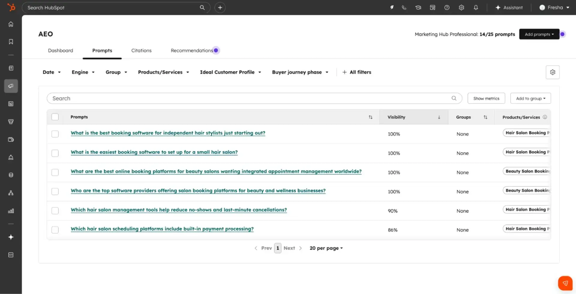 HubSpot AEO Prompts tab displaying tracked AI search prompts with visibility scores for salon booking products