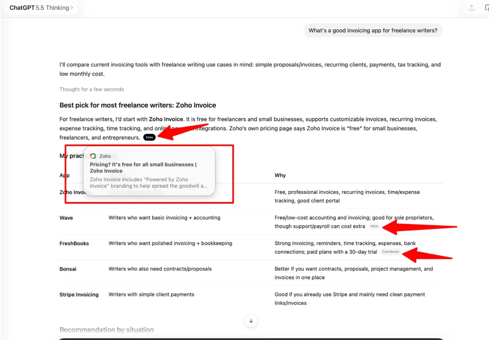 ChatGPT answer showing inline citation to Zoho Invoice with highlighted source reference and comparison table