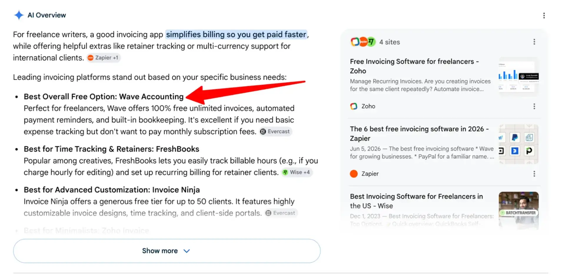 Google AI Overview result for invoicing apps with bullet points, inline citations, and source panel showing related articles