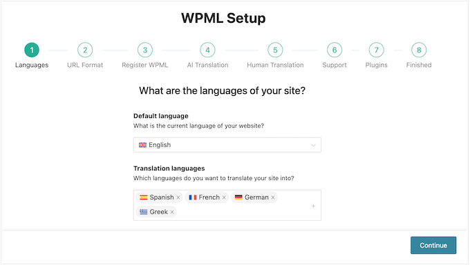 WPML Setup wizard showing progress steps and language configuration fields
