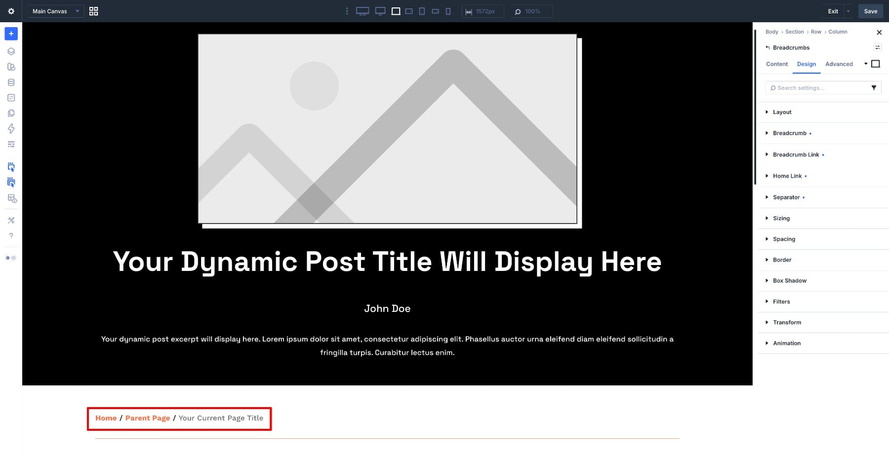 Breadcrumbs module used in a Divi 5 Theme Builder template