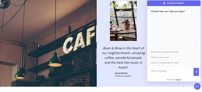 Cafe interior with a glowing 'CAFE' sign and hanging green pendant lights; on the right, a chat assistant panel with a small Bean & Brew photo and intro text.