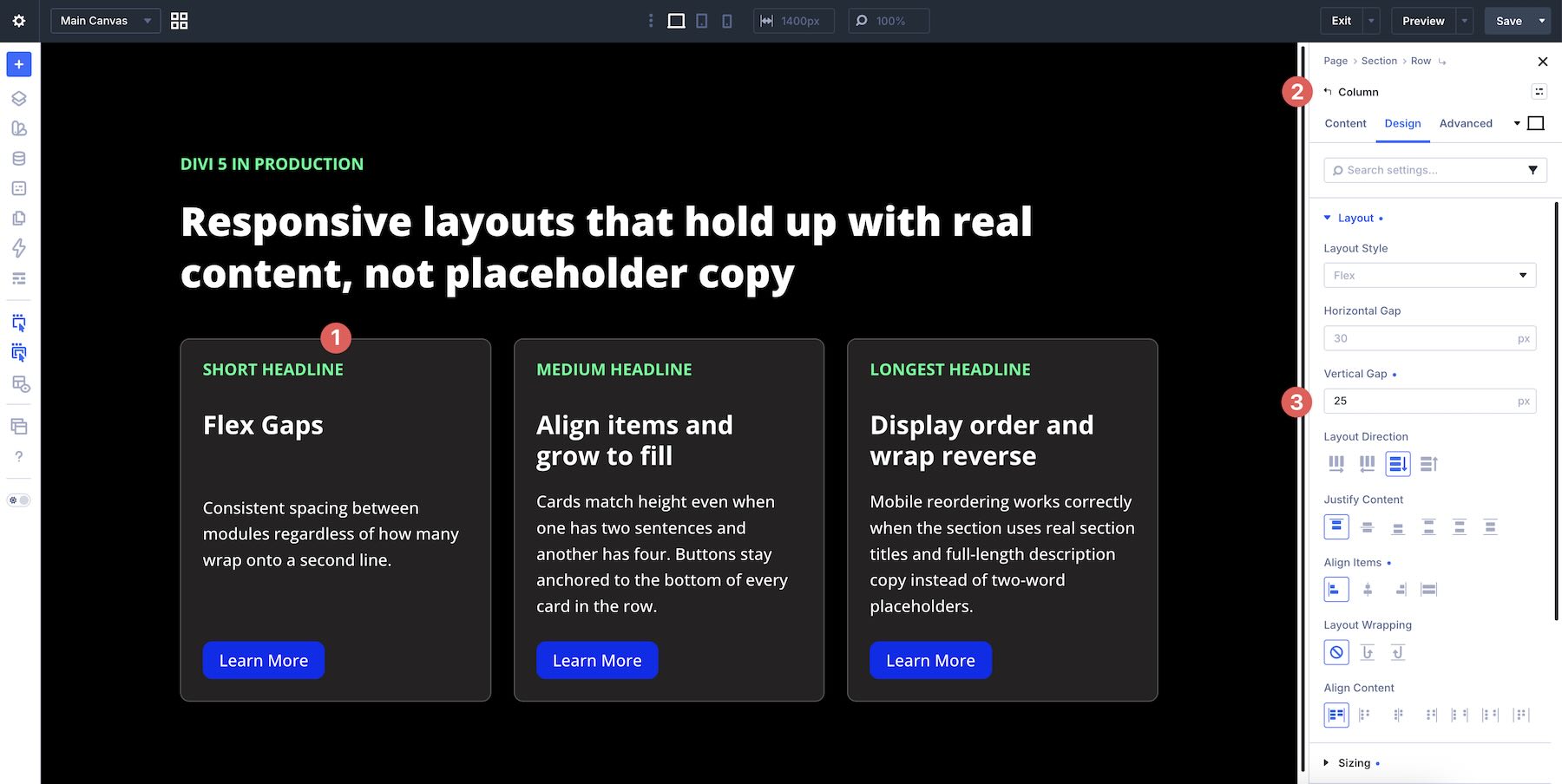 applying Horizontal and Vertical Gap at the column level in Divi 5