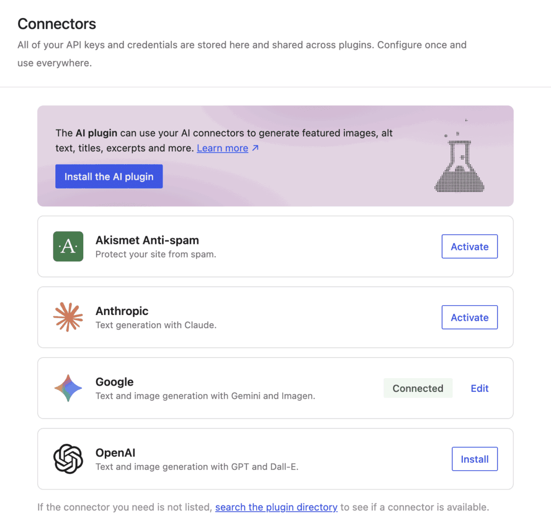 Connectors screen
