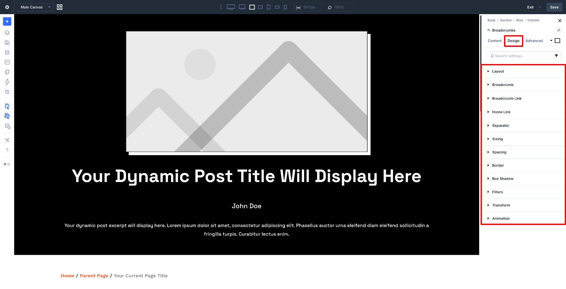 Design tab settings for the Divi 5 Breadcrumbs module
