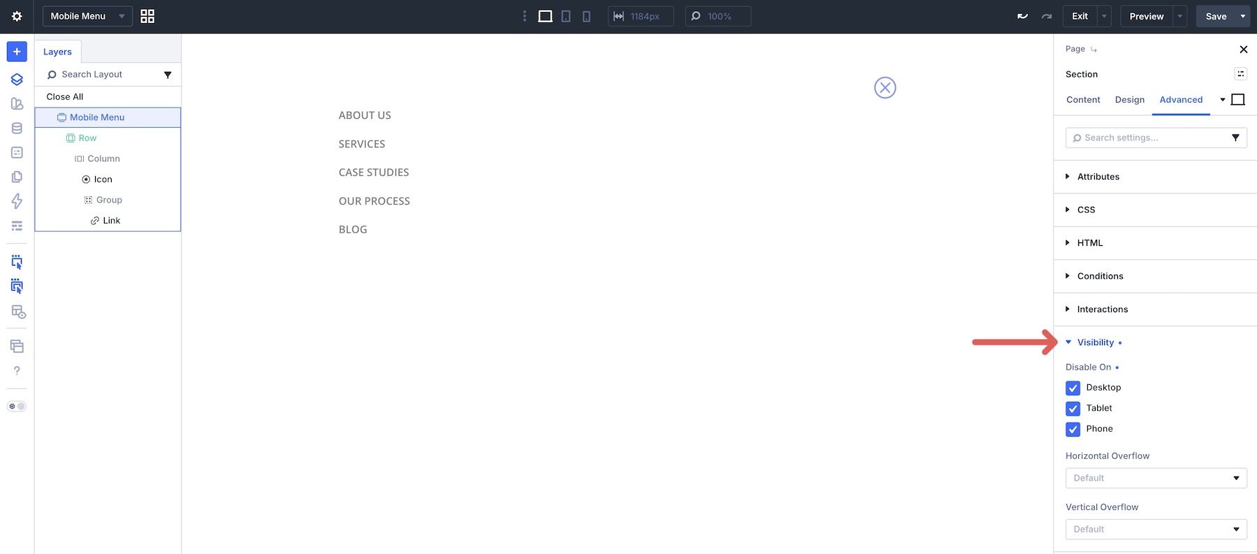 disable mobile menu section