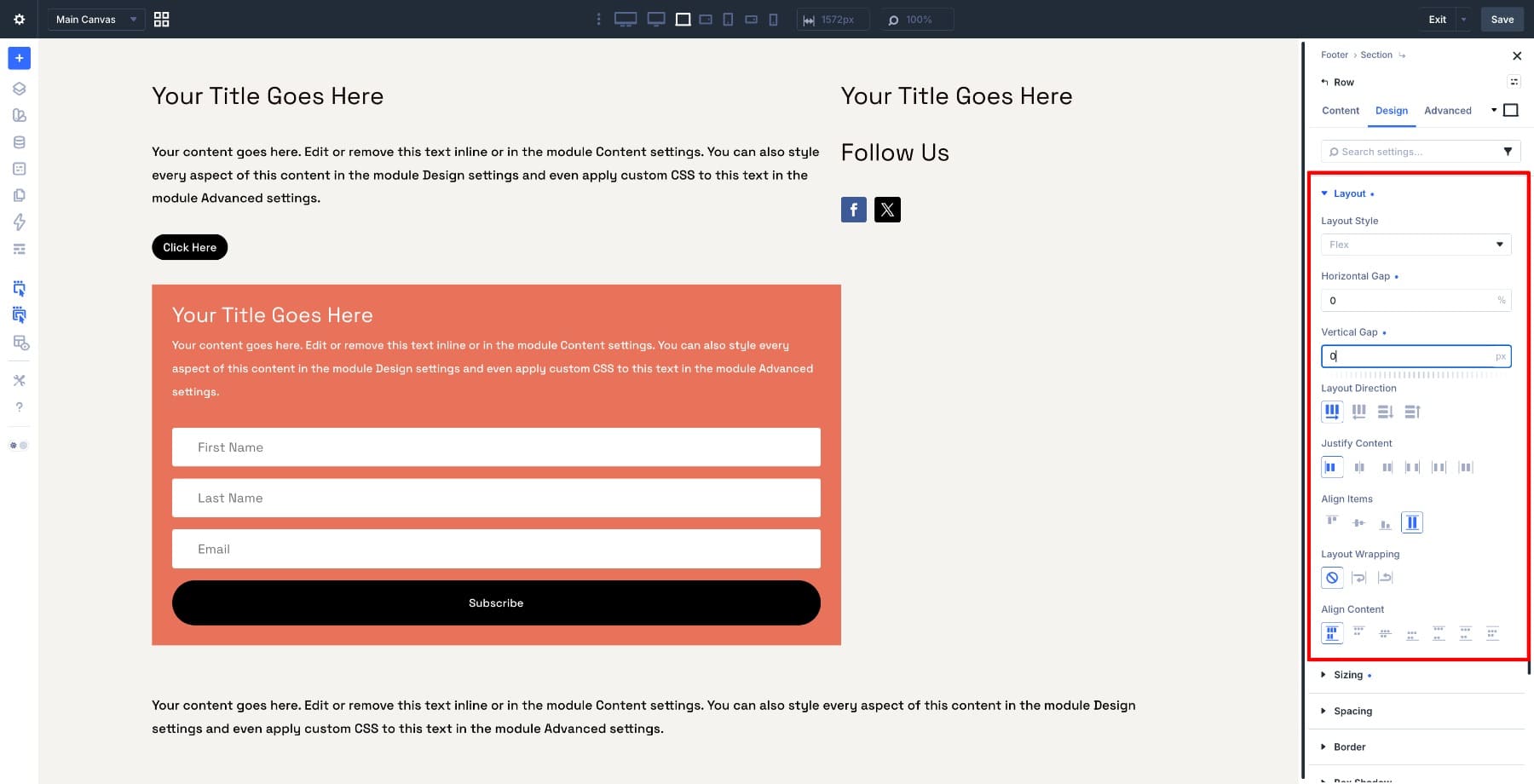 Flexbox settings for the main footer row in Divi 5
