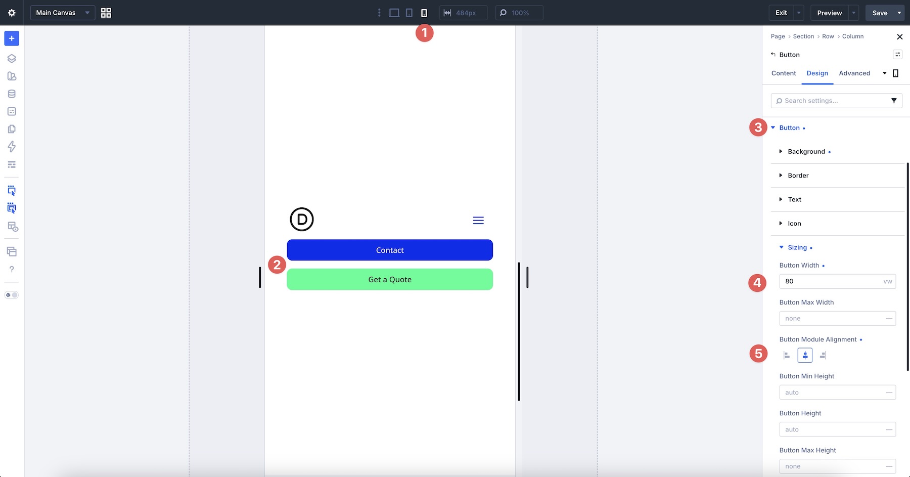 header button sizing phone