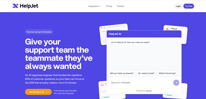 Hero banner for HelpJet AI showing a purple background, floating chat windows, and the headline: 'Give your support team the teammate they've always wanted.' including a Get Started Free CTA in the lower area.