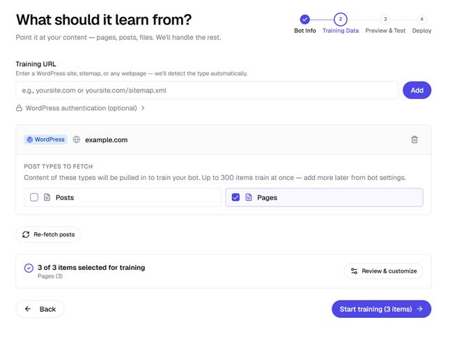 Screenshot of a bot-training UI: enter a training URL, choose content types (Posts/Pages), and start training.