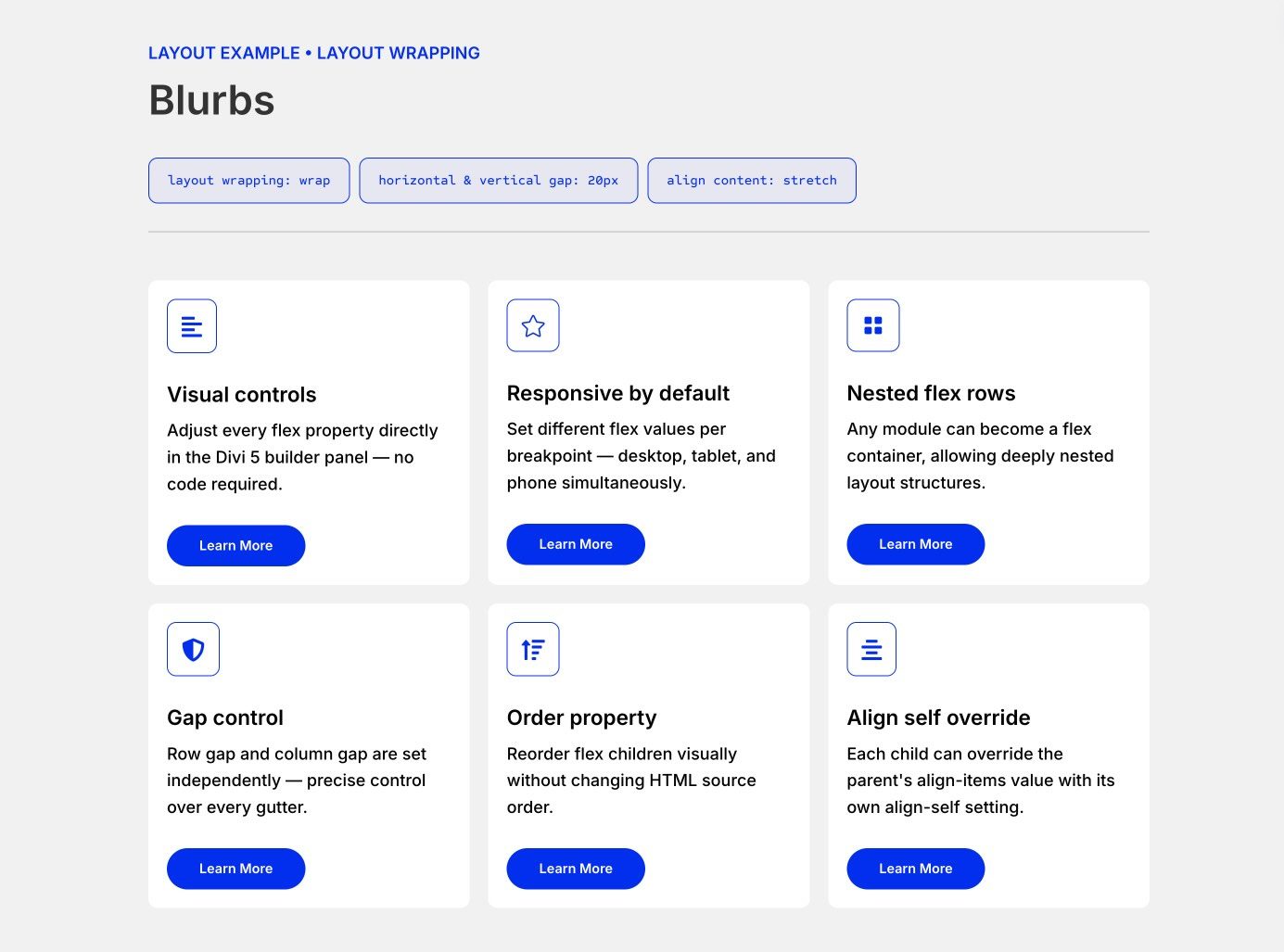 blurb layout with layout wrapping in Divi 5