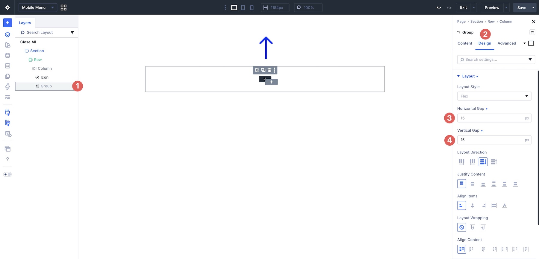 mobile menu module group settings
