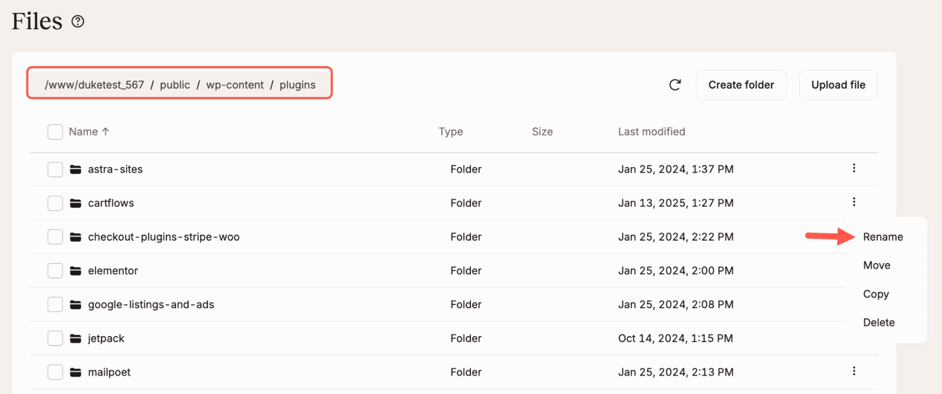 Rename plugin folder in MyKinsta file manager.