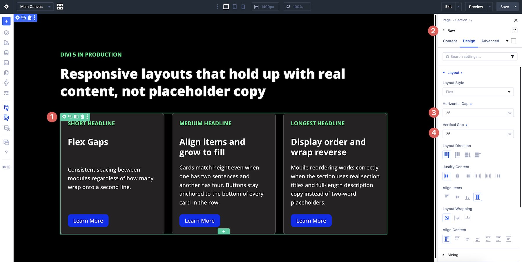 applying Vertical and Horizontal Gap at the row level in Divi 5