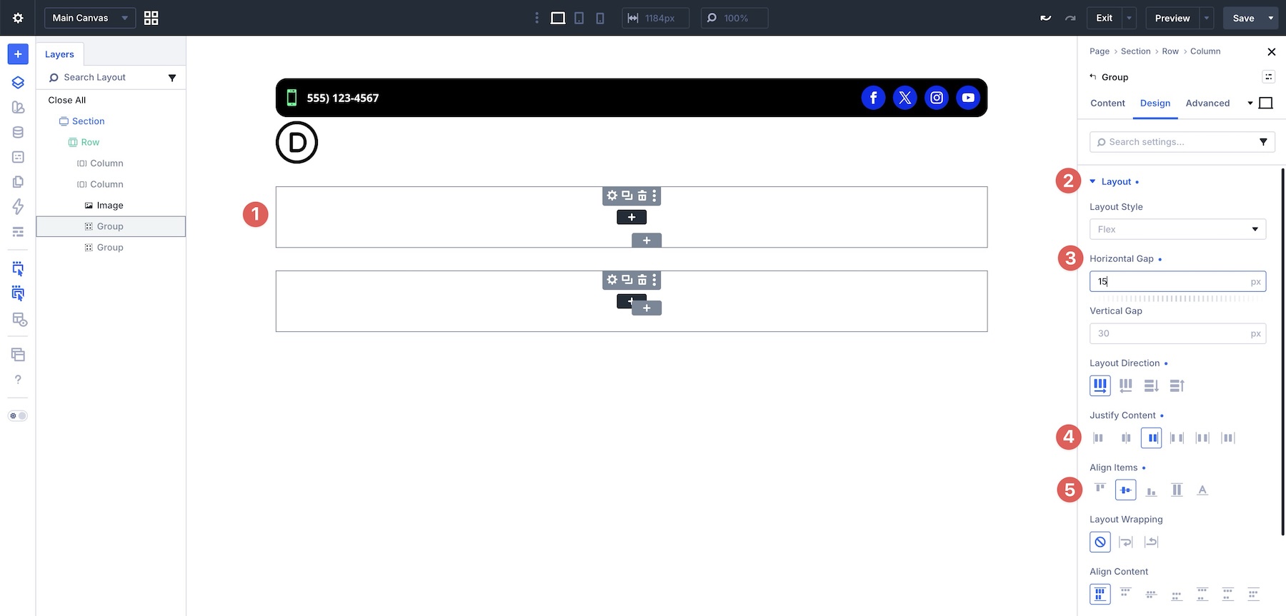 second column module group settings