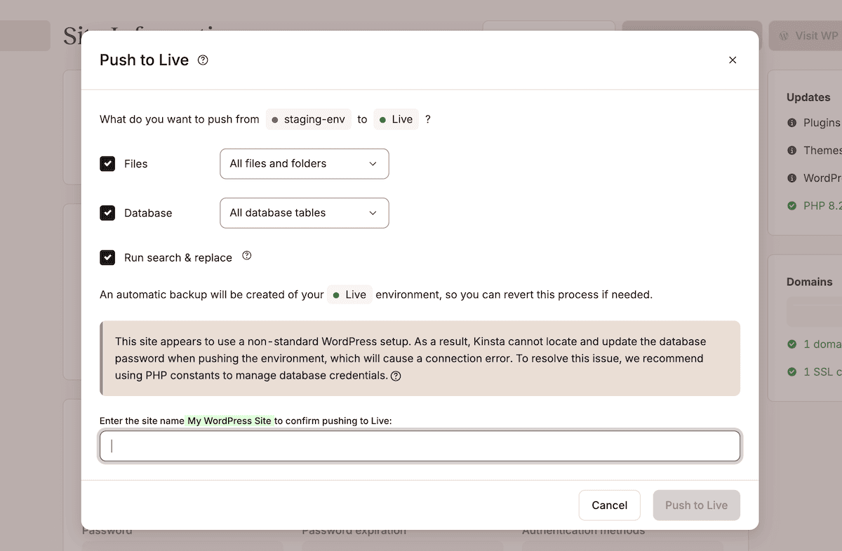 The Push environment dialog in MyKinsta showing deployment scope options and an open drop-down menu showing specific options for pushing files.