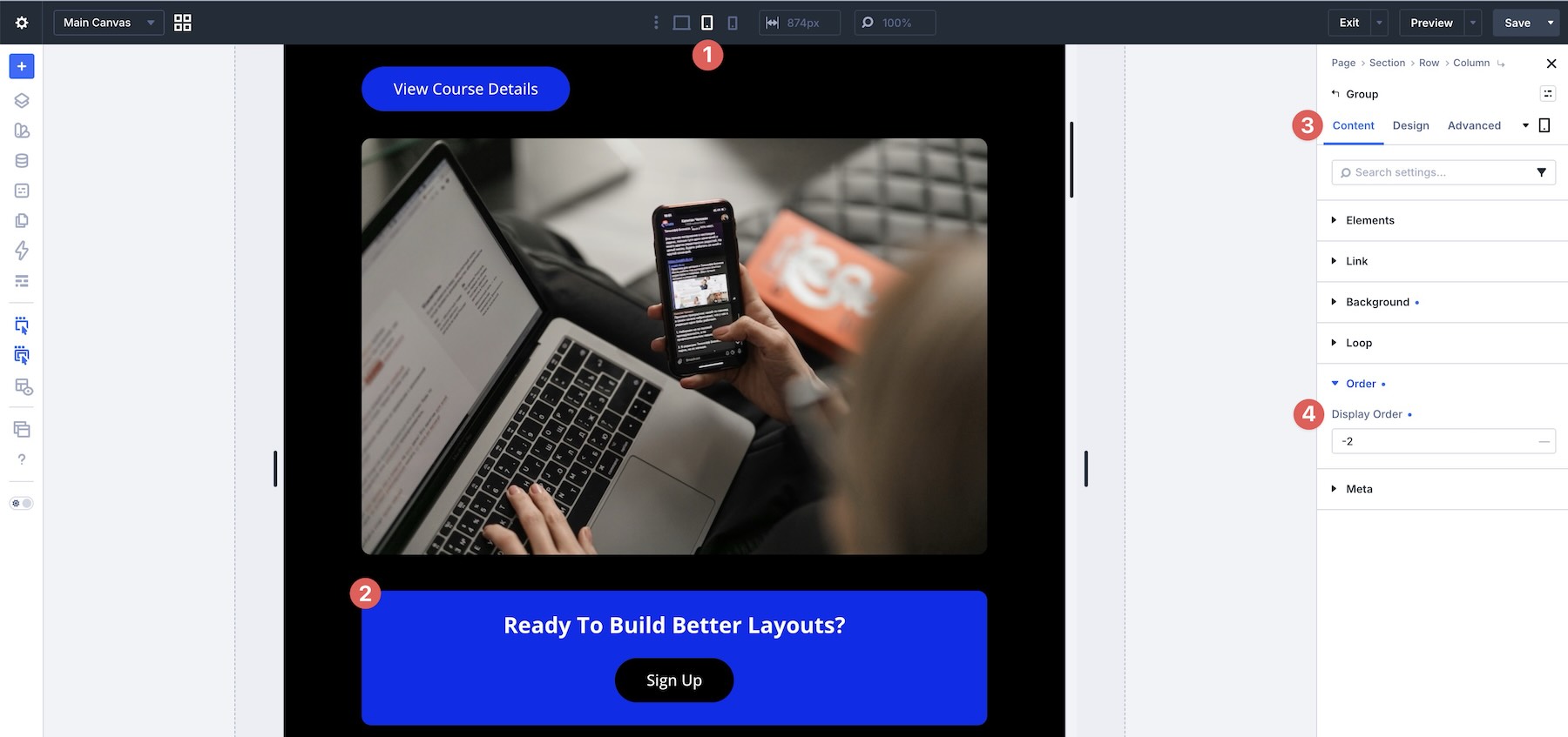 setting display order in Divi 5