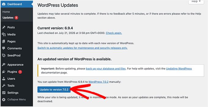 Updating WordPress Core From the Dashboard