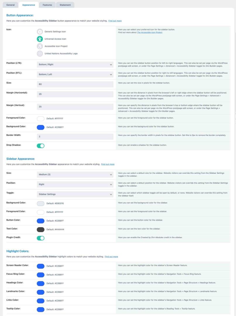 Appearance settings for Accessibility Sidebar