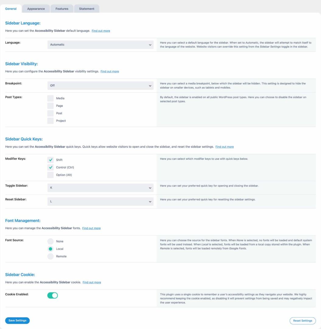 General settings for Accessibility Sidebar