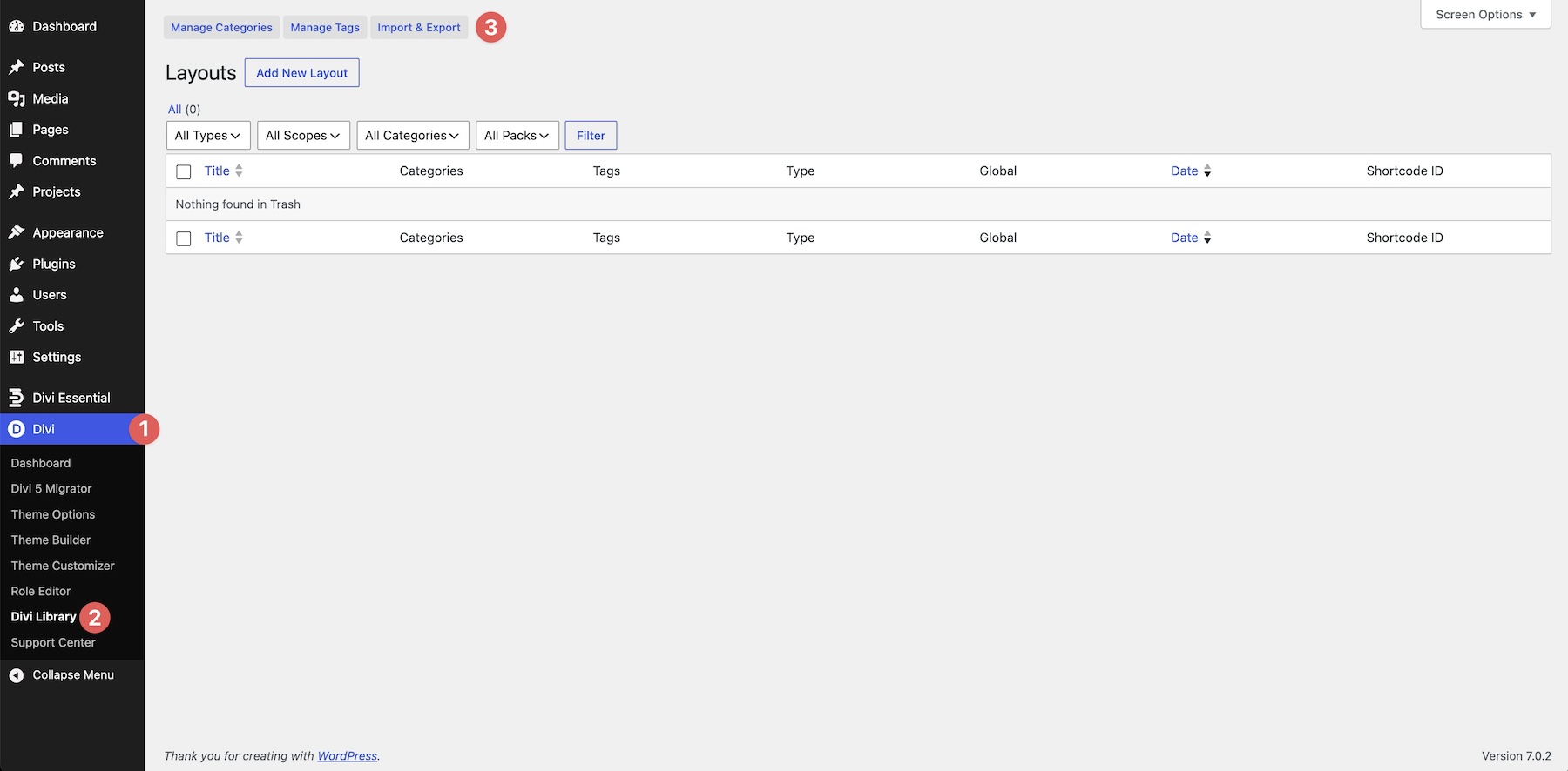 Divi Library Import and Export button