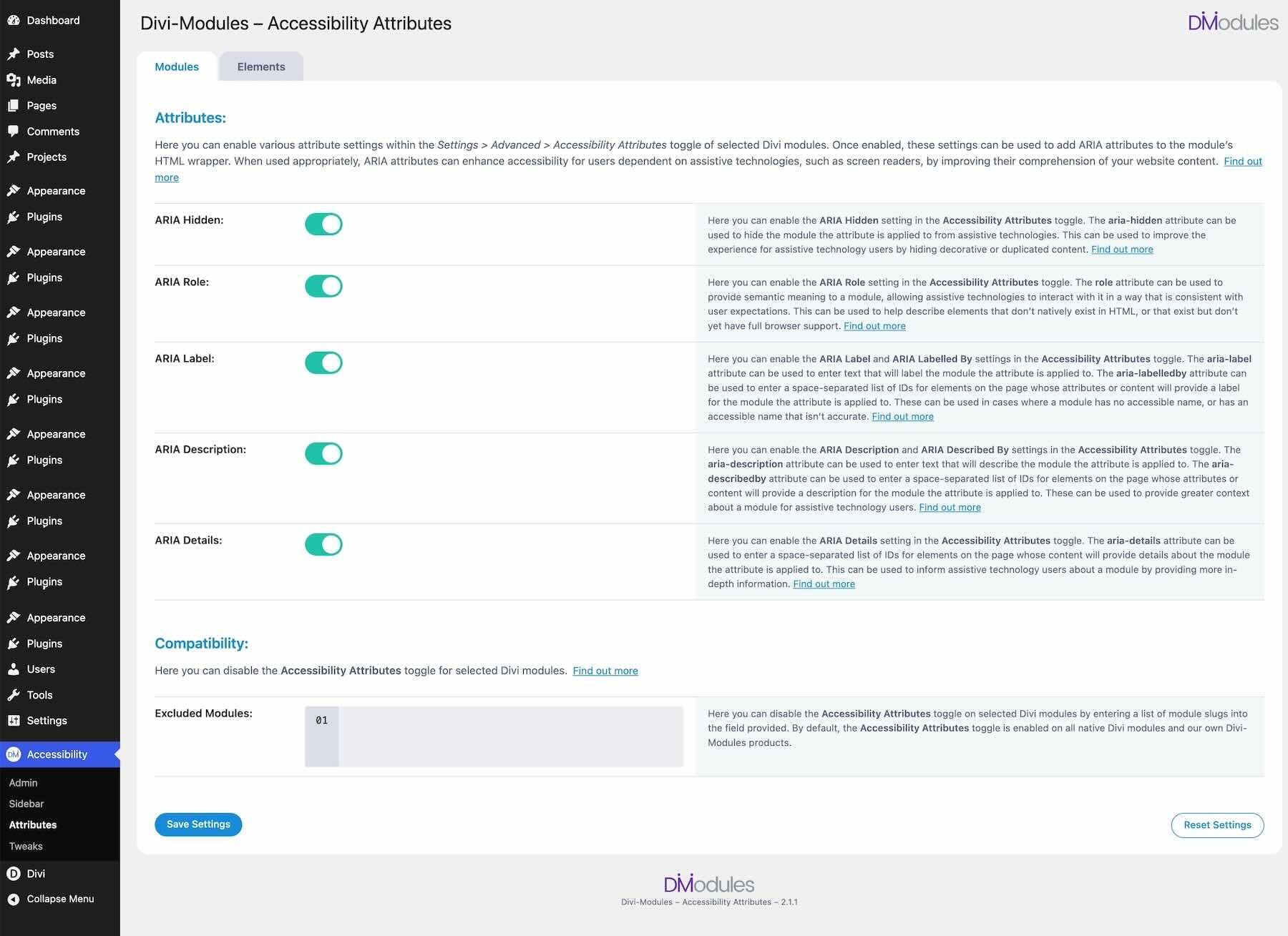 Accessibility Attributes Modules tab settings