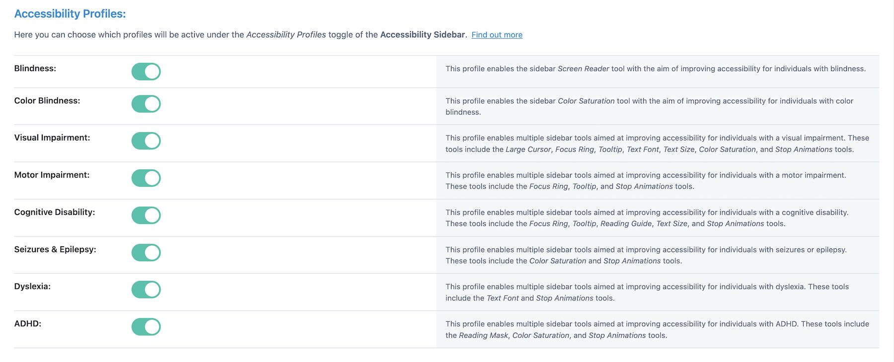 Accessibility profiles in Accessibility Sidebar