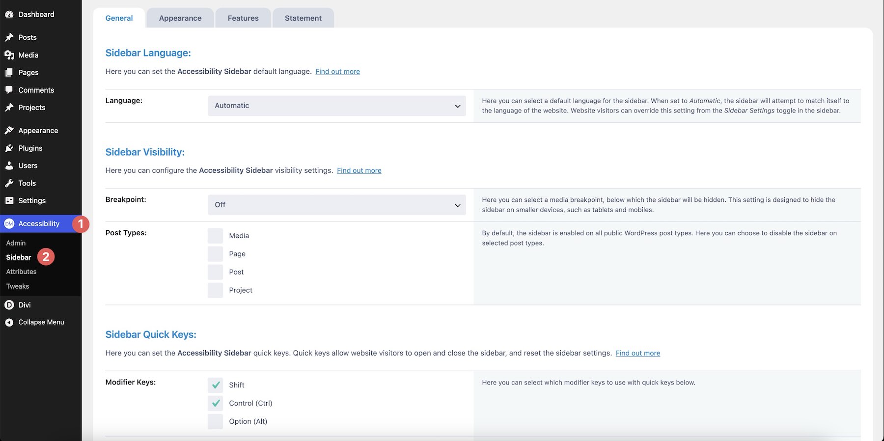 Accessibility Sidebar plugin settings in WordPress