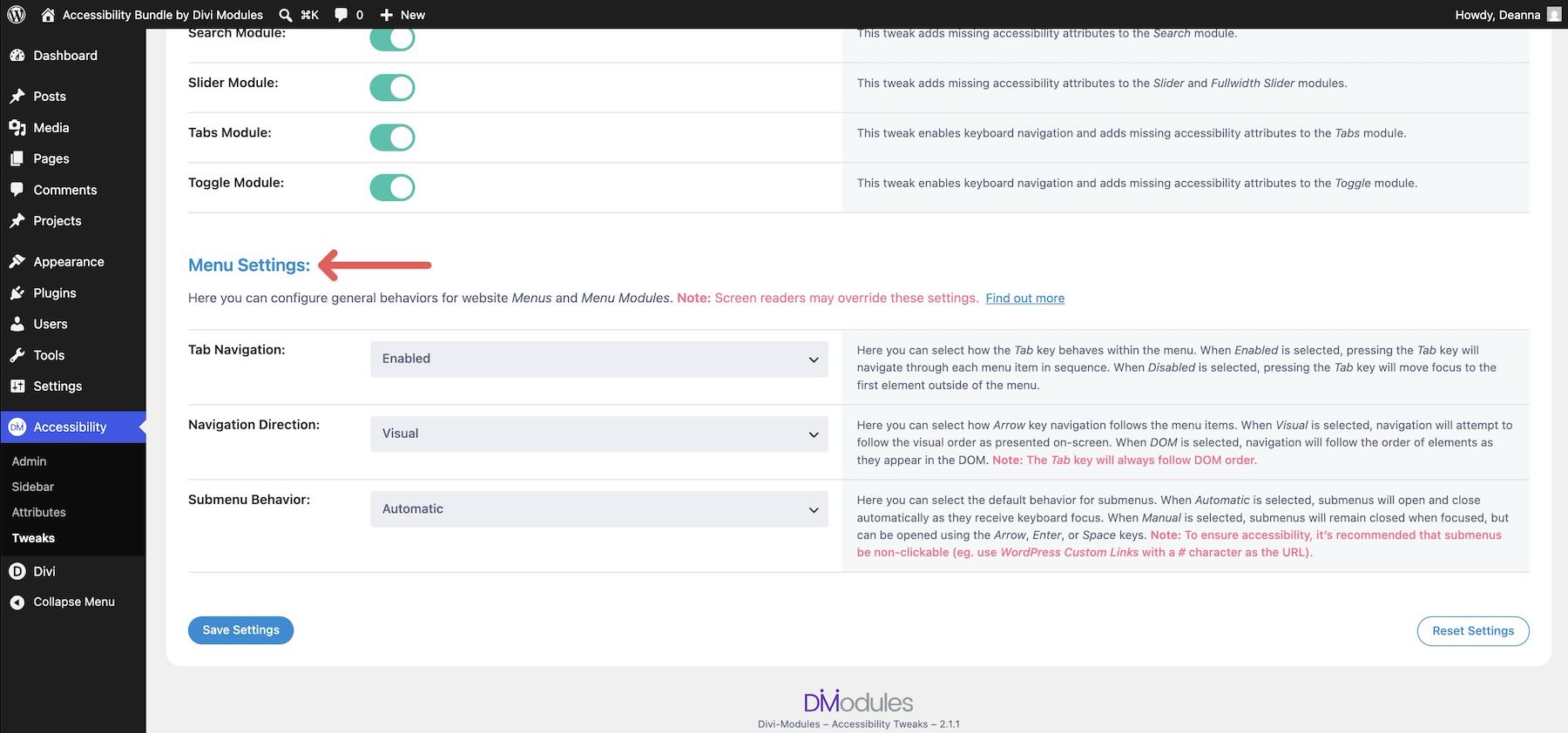 Menu behavior settings in Accessibility Tweaks