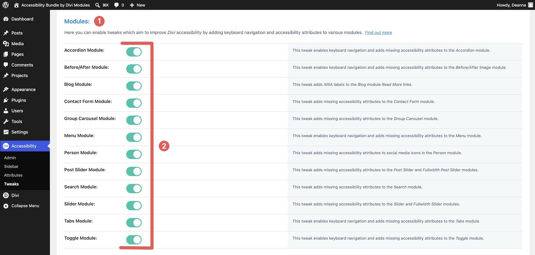 Module tweaks settings in Accessibility Tweaks